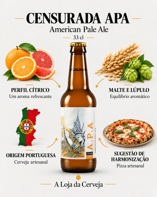 Censurada American Pale Ale: perfil cítrico — Um aroma refrescante; malte e lúpulo — Equilíbrio aromático; origem portuguesa — Cerveja artesanal; sugestão de harmonização — Pizza artesanal.