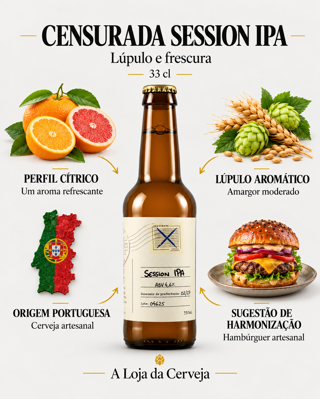 Censurada Session IPA: perfil cítrico — Um aroma refrescante; lúpulo aromático — Amargor moderado; origem portuguesa — Cerveja artesanal; sugestão de harmonização — Hambúrguer artesanal.