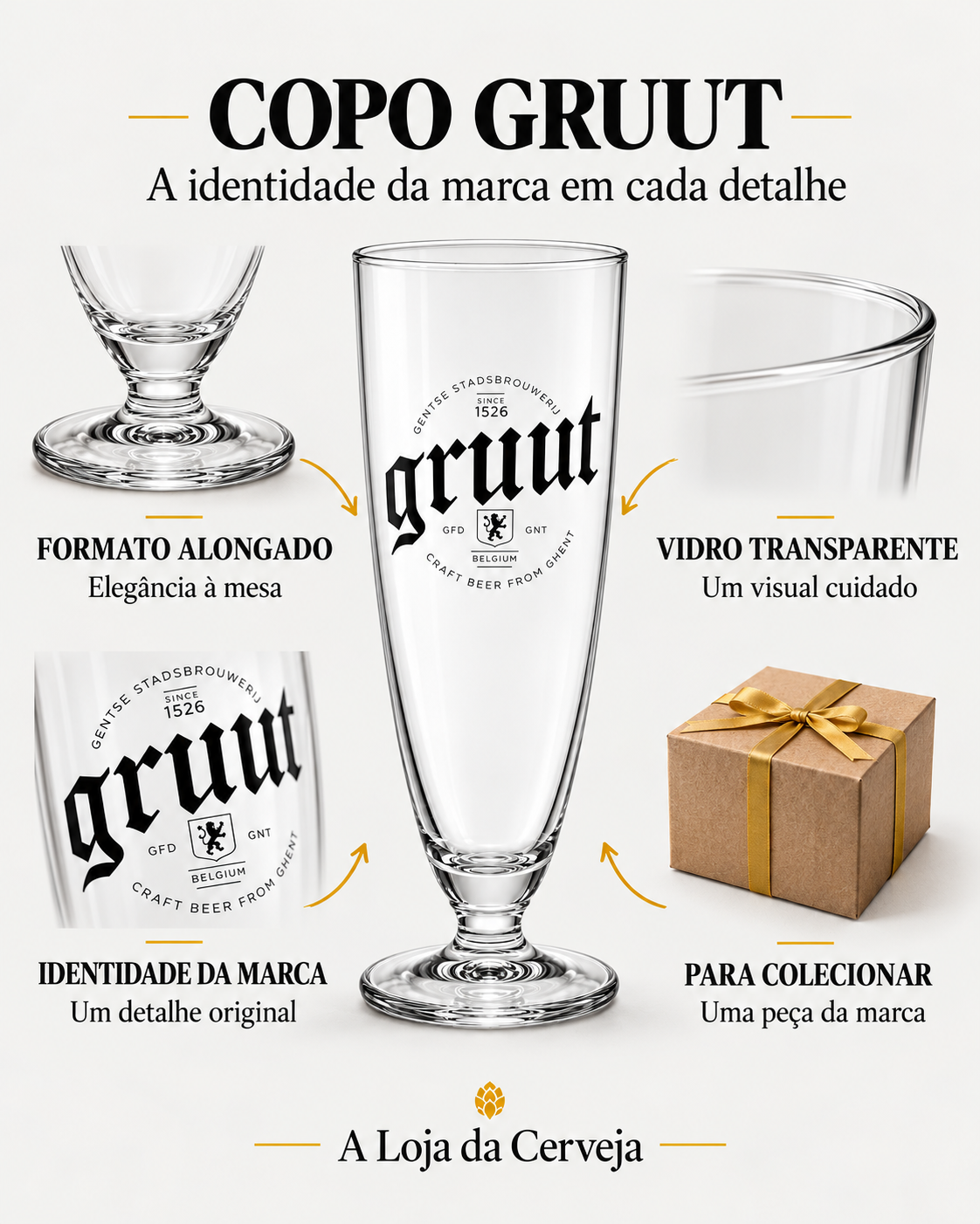 Copo Gruut: formato alongado — Elegância à mesa; vidro transparente — Um visual cuidado; identidade da marca — Um detalhe original; para colecionar — Uma peça da marca.