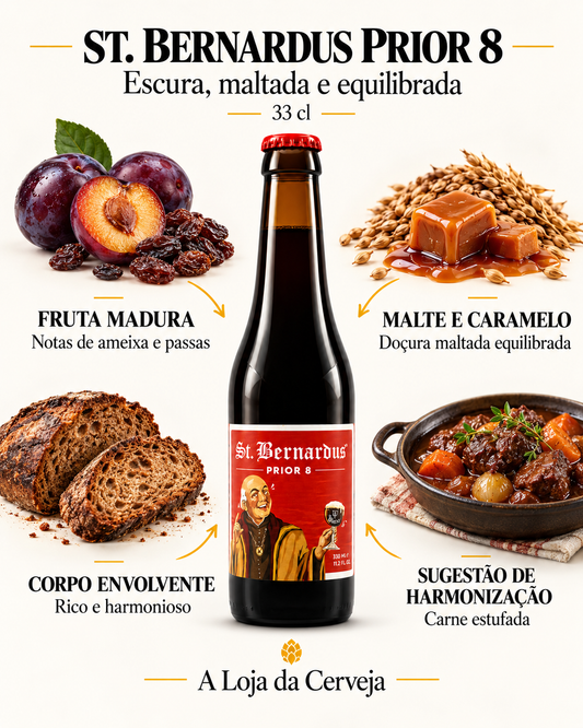 St. Bernardus Prior 8: fruta madura, malte e caramelo, corpo envolvente e harmonização com carne estufada.