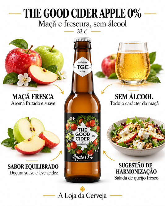 THE GOOD CIDER APPLE 0%: Aroma frutado e suave; Todo o carácter da maçã; Doçura suave e leve acidez; Salada de queijo fresco.
