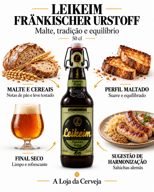 Leikeim Fränkischer Urstoff 50 cl: malte e cereais, perfil maltado, final seco e harmonização com salsichas alemãs.