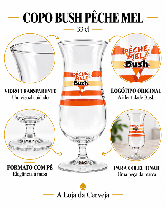 COPO BUSH PÊCHE MEL 33 cl: VIDRO TRANSPARENTE — Um visual cuidado; LOGÓTIPO ORIGINAL — A identidade Bush; FORMATO COM PÉ — Elegância à mesa; PARA COLECIONAR — Uma peça da marca.