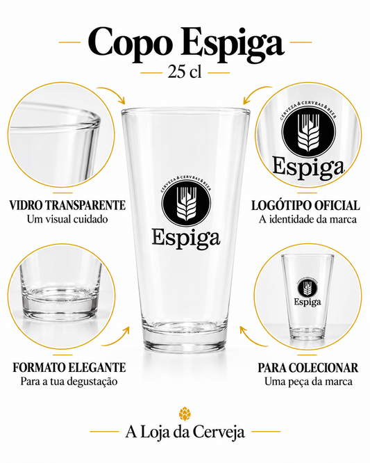 Infografia de Copo Espiga 25 cl, com o produto ao centro, características e sugestão de utilização em português. A Loja da Cerveja.