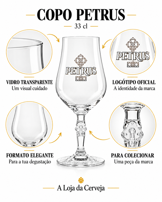 Infografia de Copo Petrus 33 cl, com o produto ao centro, características e sugestão de utilização em português. A Loja da Cerveja.
