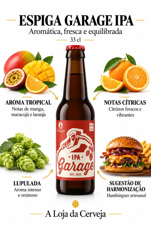 Infografia de Espiga Garage IPA 33 cl, com o produto ao centro, características e sugestão de harmonização em português. A Loja da Cerveja.
