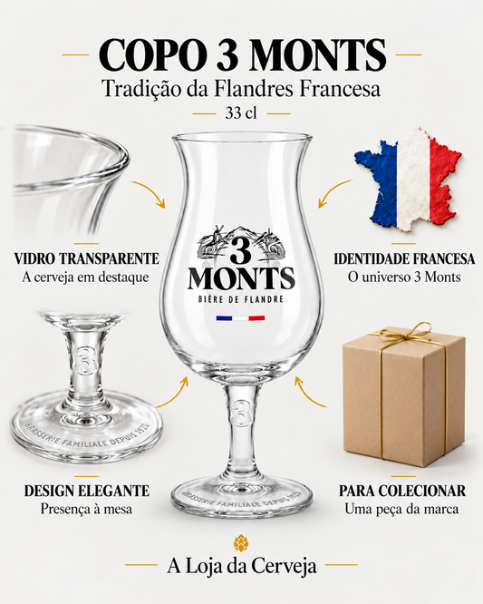 Copo 3 Monts 33 cl: vidro transparente — A cerveja em destaque; design elegante — Presença à mesa; identidade francesa — O universo 3 Monts; para colecionar — Uma peça da marca.