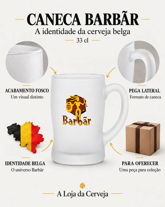 Caneca Barbãr 33 cl: acabamento fosco — Um visual distinto; pega lateral — Formato de caneca; identidade belga — O universo Barbãr; para oferecer — Uma peça para coleção.