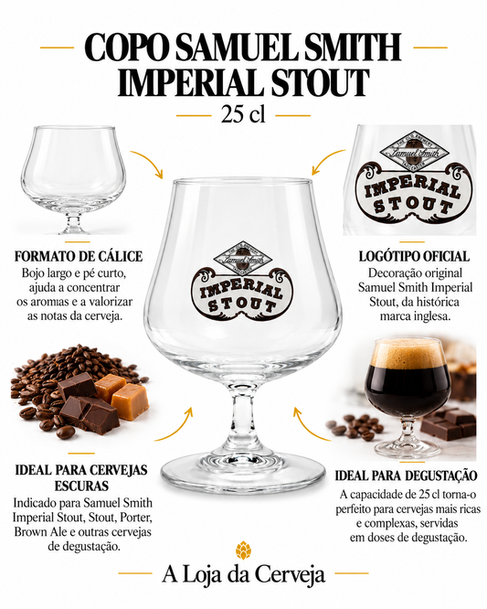 Infografia de Copo Samuel Smith 25 cl, com o produto ao centro, características e sugestão de utilização em português. A Loja da Cerveja.