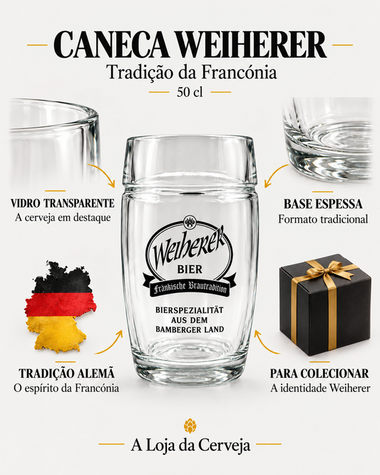 Caneca Weiherer 50 cl: vidro transparente — A cerveja em destaque; base espessa — Formato tradicional; tradição alemã — O espírito da Francónia; para colecionar — A identidade Weiherer.