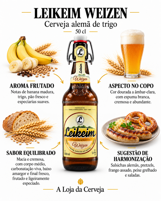Infografia de Leikeim Weizen 50 cl, com a embalagem original ao centro, três características e sugestão de harmonização em português. A Loja da Cerveja.