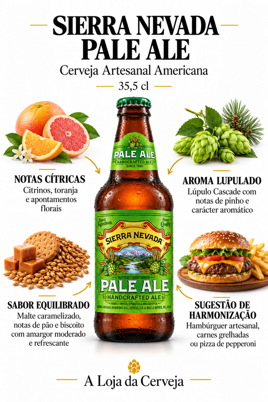 Infografia de Sierra Nevada Pale Ale 35.5 cl, com a embalagem original ao centro, três características e sugestão de harmonização em português. A Loja da Cerveja.