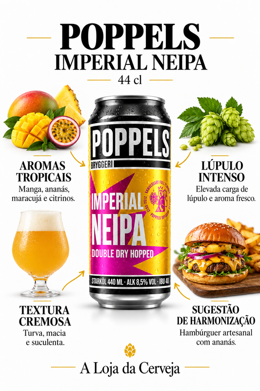 Infografia de Poppels Imperial Neipa 44 cl, com a embalagem original ao centro, três características e sugestão de harmonização em português. A Loja da Cerveja.