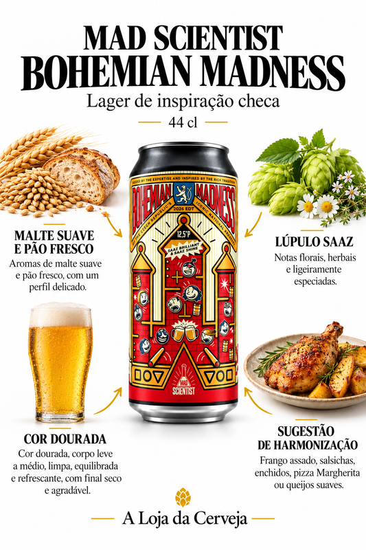Infografia de Mad Scientist Bohemian Madness 44 cl, com a lata original ao centro, três características e sugestão de harmonização em português. A Loja da Cerveja.