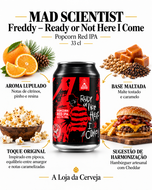 Infografia de Mad Scientist Freddy- Ready or Not Here I Come 33 cl, com a lata original ao centro, três características e sugestão de harmonização em português. A Loja da Cerveja.