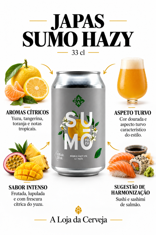 Infografia de Japas Sumo Hazy 33 cl, com a lata original ao centro, três características e sugestão de harmonização em português. A Loja da Cerveja.