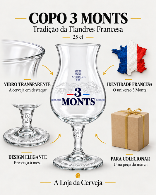 Copo 3 Monts 25 cl: vidro transparente — A cerveja em destaque; design elegante — Presença à mesa; identidade francesa — O universo 3 Monts; para colecionar — Uma peça da marca.