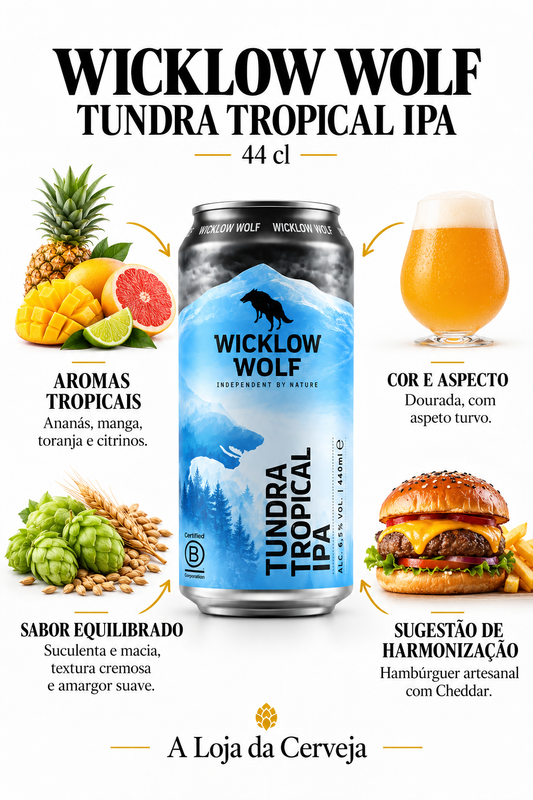 Infografia de Wicklow Wolf Tundra Tropical IPA 44 cl, com a lata original ao centro, três características e sugestão de harmonização em português. A Loja da Cerveja.