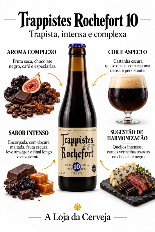 Infografia de Trappistes Rochefort 10, com o produto original ao centro, características e sugestão de harmonização em português. A Loja da Cerveja.