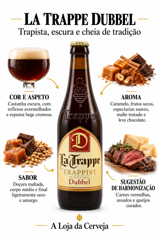 Infografia de La Trappe Dubbel, com o produto original ao centro, características e sugestão de harmonização em português. A Loja da Cerveja.