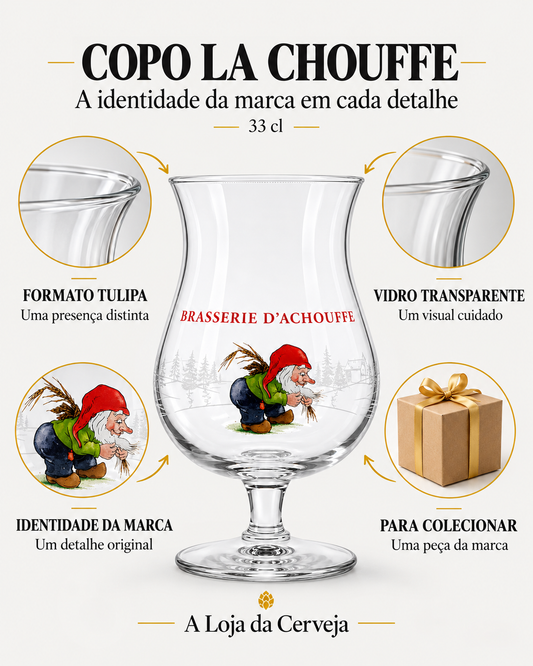 Copo La Chouffe: formato tulipa — Uma presença distinta; vidro transparente — Um visual cuidado; identidade da marca — Um detalhe original; para colecionar — Uma peça da marca.