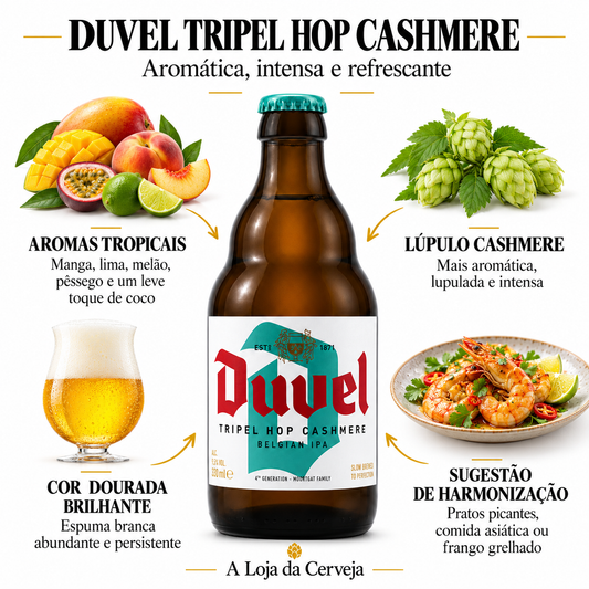 Infografia de Duvel Tripel Hop Cashmere, com o produto original ao centro, características e sugestão de harmonização em português. A Loja da Cerveja.
