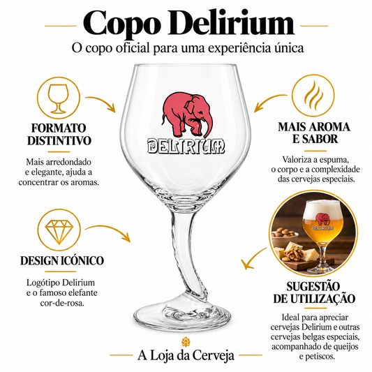 Infografia de Copo Delirium 33 cl a 50 cl, com o produto original ao centro, características e sugestão de utilização em português. A Loja da Cerveja.