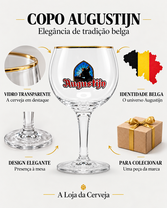 Copo Augustijn: vidro transparente — A cerveja em destaque; design elegante — Presença à mesa; identidade belga — O universo Augustijn; para colecionar — Uma peça da marca.