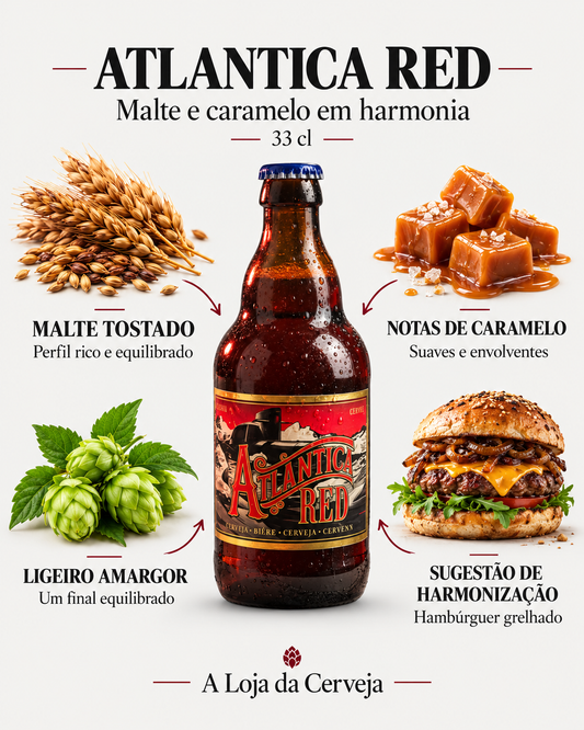 Atlantica Red: malte tostado — perfil rico e equilibrado; notas de caramelo — suaves e envolventes; ligeiro amargor — um final equilibrado; sugestão de harmonização — hambúrguer grelhado.
