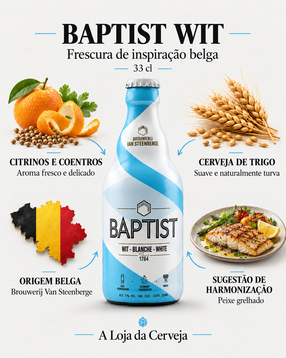 Baptist Wit: citrinos e coentros — aroma fresco e delicado; cerveja de trigo — suave e naturalmente turva; origem belga — brouwerij van steenberge; sugestão de harmonização — peixe grelhado.