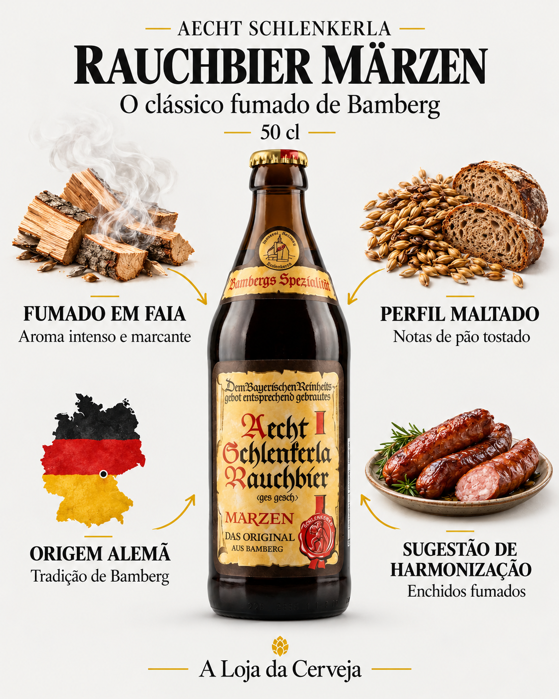 Aecht Schlenkerla Rauchbier Marzen 50 cl: fumado em faia — aroma intenso e marcante; perfil maltado — notas de pão tostado; origem alemã — tradição de bamberg; sugestão de harmonização — enchidos fumados.