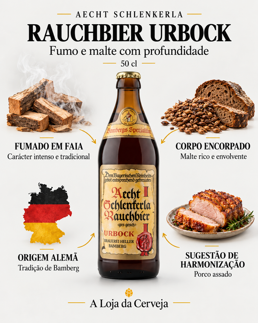 Aecht Schlenkerla Rauchbier Urbock 50 cl: fumado em faia — carácter intenso e tradicional; corpo encorpado — malte rico e envolvente; origem alemã — tradição de bamberg; sugestão de harmonização — porco assado.