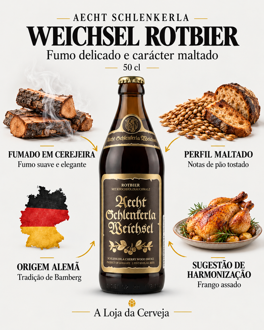 Aecht Schlenkerla Weichsel-Rotbier 50 cl: fumado em cerejeira — fumo suave e elegante; perfil maltado — notas de pão tostado; origem alemã — tradição de bamberg; sugestão de harmonização — frango assado.