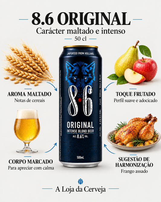 8.6 Original 50 cl: aroma maltado — notas de cereais; toque frutado — perfil suave e adocicado; corpo marcado — para apreciar com calma; sugestão de harmonização — frango assado.
