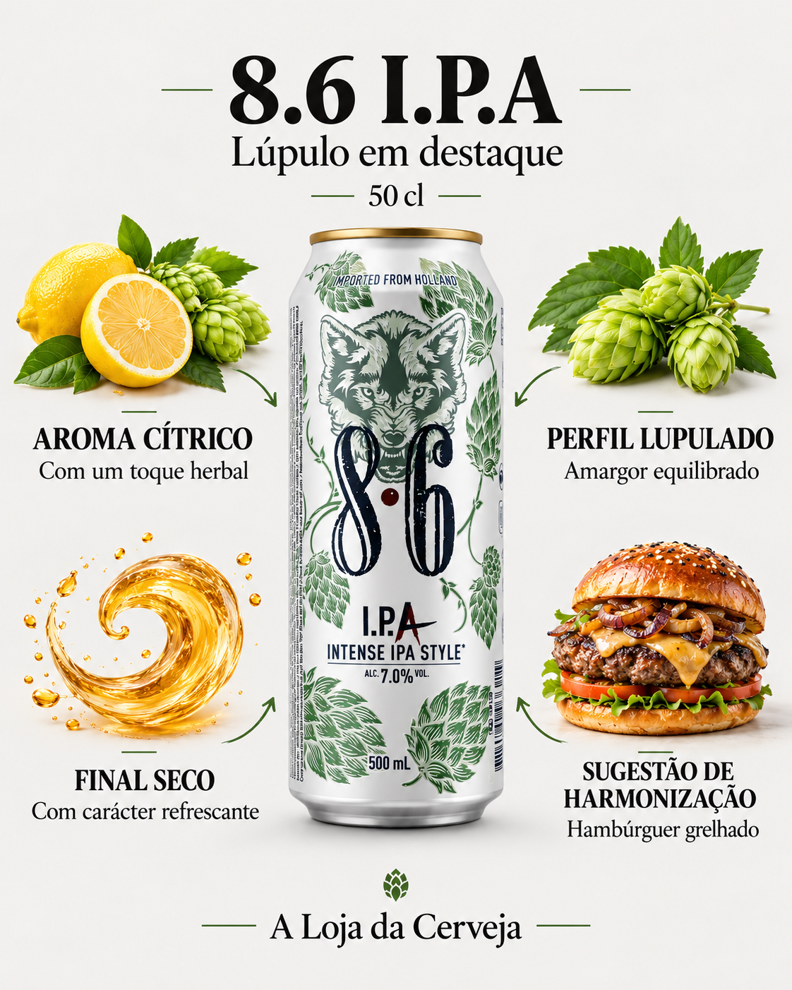 8.6 IPA 50 cl: aroma cítrico — com um toque herbal; perfil lupulado — amargor equilibrado; final seco — com carácter refrescante; sugestão de harmonização — hambúrguer grelhado.