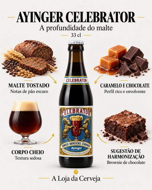 Ayinger Celebrator 33 cl: malte tostado — notas de pão escuro; caramelo e chocolate — perfil rico e envolvente; corpo cheio — textura sedosa; sugestão de harmonização — brownie de chocolate.
