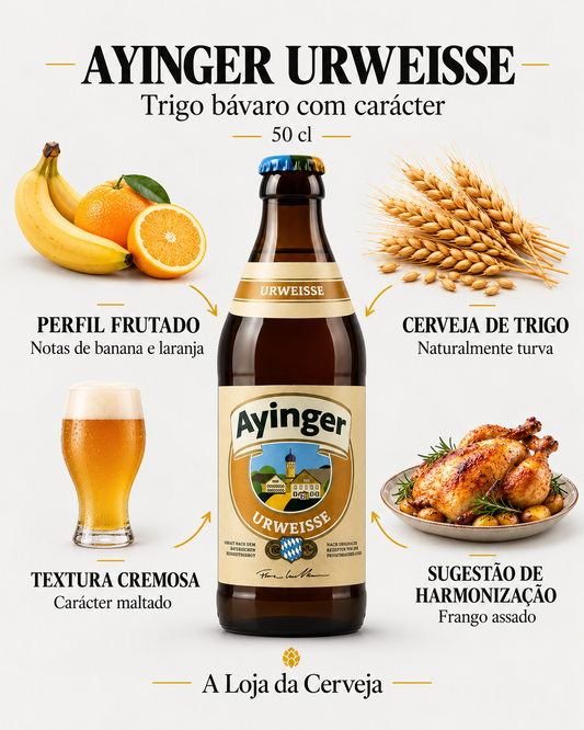 Ayinger Urweisse 50 cl: perfil frutado — notas de banana e laranja; cerveja de trigo — naturalmente turva; textura cremosa — carácter maltado; sugestão de harmonização — frango assado.