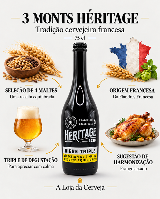 3 Monts Héritage 75 cl: Triple francesa com seleção de quatro maltes e sugestão de harmonização com frango assado.