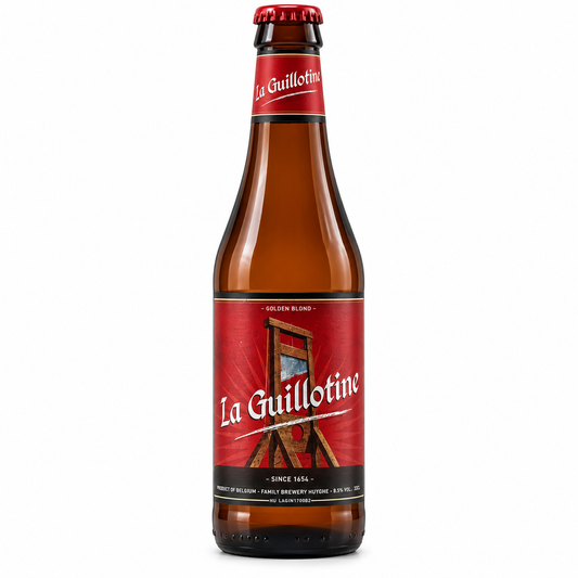 Garrafa La Guillotine Golden Blond 8,5% 33 cl, cerveja belga forte da Brouwerij Huyghe com rótulo vermelho e guilhotina