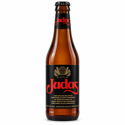 Garrafa Judas Blond 8,5% 33 cl, cerveja belga forte com rótulo preto e letras vermelhas