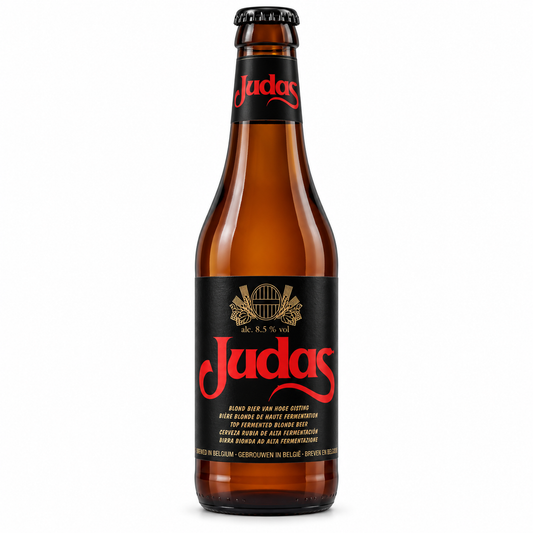 Garrafa Judas Blond 8,5% 33 cl, cerveja belga forte com rótulo preto e letras vermelhas