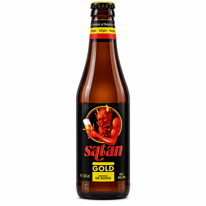 Garrafa Satan Gold 8% 33 cl, cerveja belga forte da Brouwerij De Block com rótulo preto e amarelo e ilustração de diabo vermelho