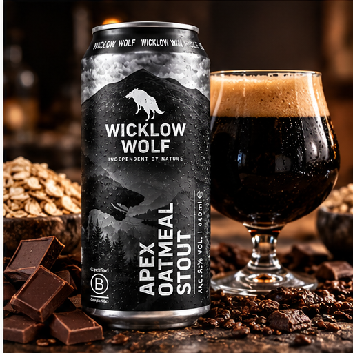 Lata de Wicklow Wolf Apex Oatmeal Stout com copo de cerveja escura, chocolate, café e aveia.