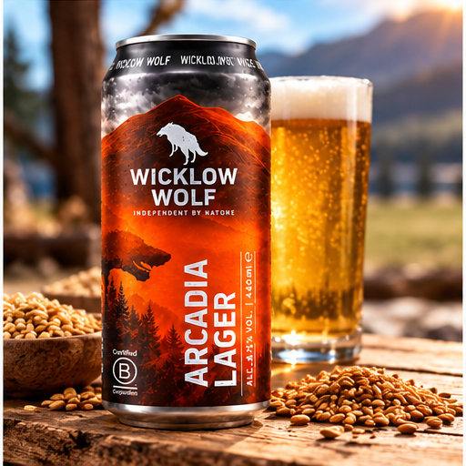 Lata de Wicklow Wolf Arcadia Lager com copo de cerveja dourada e cereais, com montanhas ao fundo.