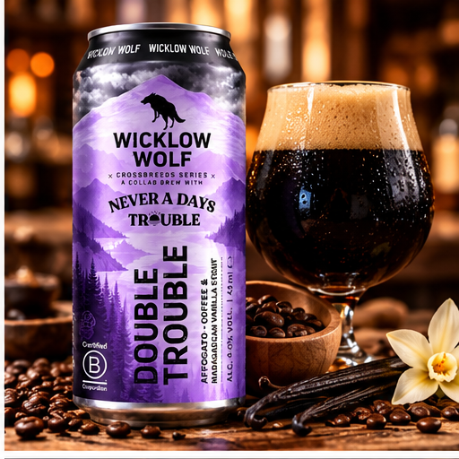 Lata de Wicklow Wolf Double Trouble com copo de cerveja escura, chocolate e baunilha num bar.