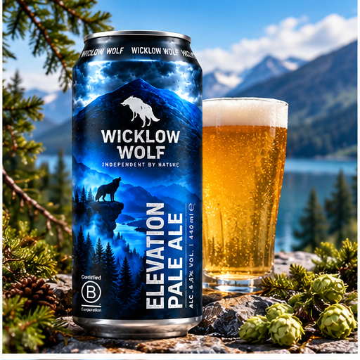 Lata de Wicklow Wolf Elevation Pale Ale com copo de cerveja junto a um lago e montanhas.