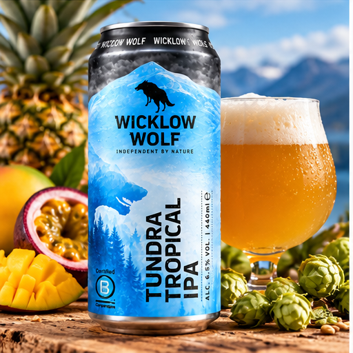 Lata de Wicklow Wolf Tundra Tropical IPA com copo cheio, ananás e maracujá, com montanhas ao fundo.