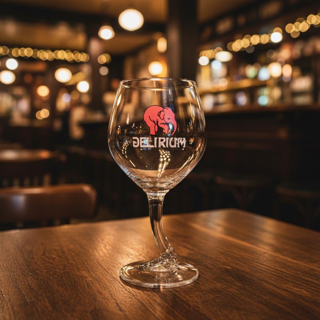 Copo Delirium vazio - pub belga acolhedor