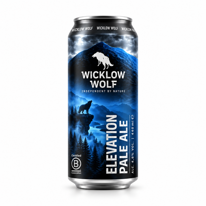 Lata de cerveja Wicklow Elevation Pale Ale 44 cl sobre fundo branco.