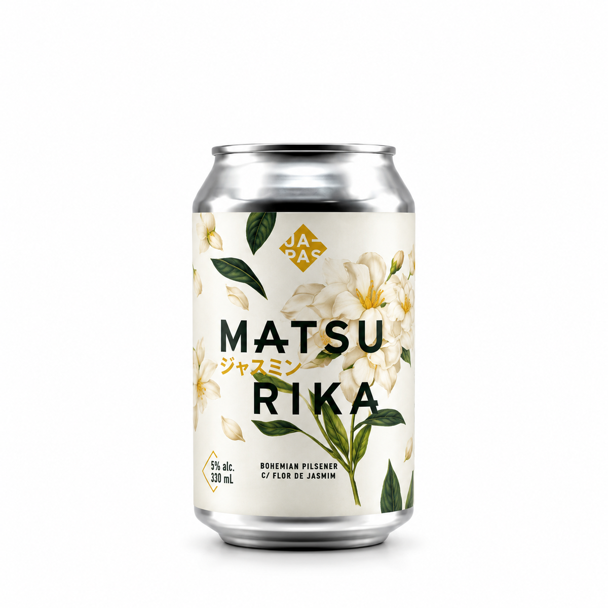Lata de cerveja Japas Matsurika 33 cl sobre fundo branco.